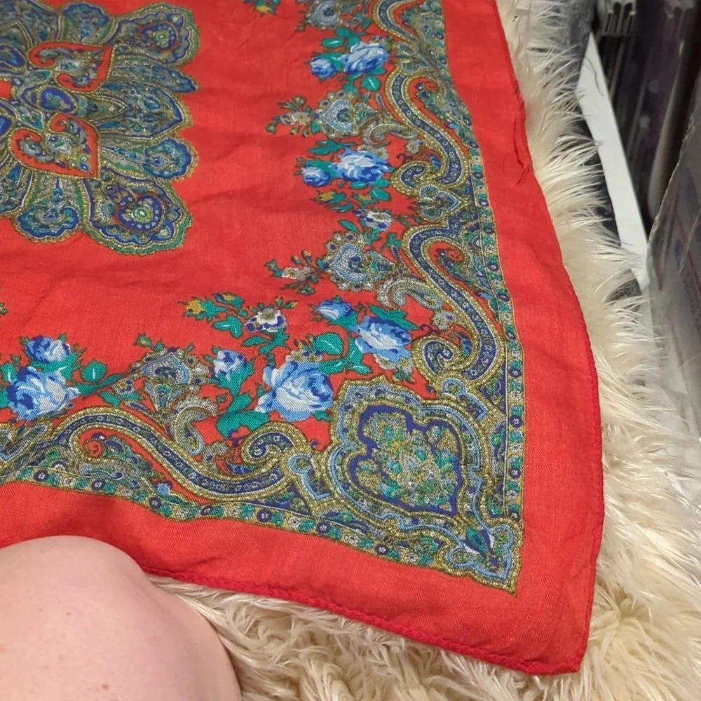 Red with blue and green Paisley floral scarf - Picture 3 of 3
